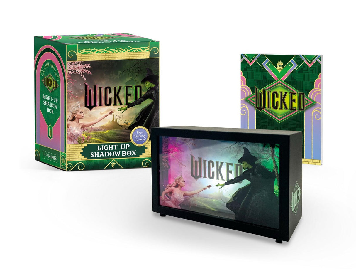 Mini Wicked: Light-Up Shadow Box

Defy Gravity with this officially licensed Wicked mini shadow box that brings the gorgeous film poster to life, perfect to display your love for the musical anywhere!

Specifications:&nbsp;

Includes a 3-inch shadow box of the Wicked film poster artwork and an enclosed book
With Light And Sound: The shadow box lights up to display the artwork and plays a clip of Defying Gravity, the popular song from the movie musical with Glinda's and Elphaba's vocals
Book Included: Set al