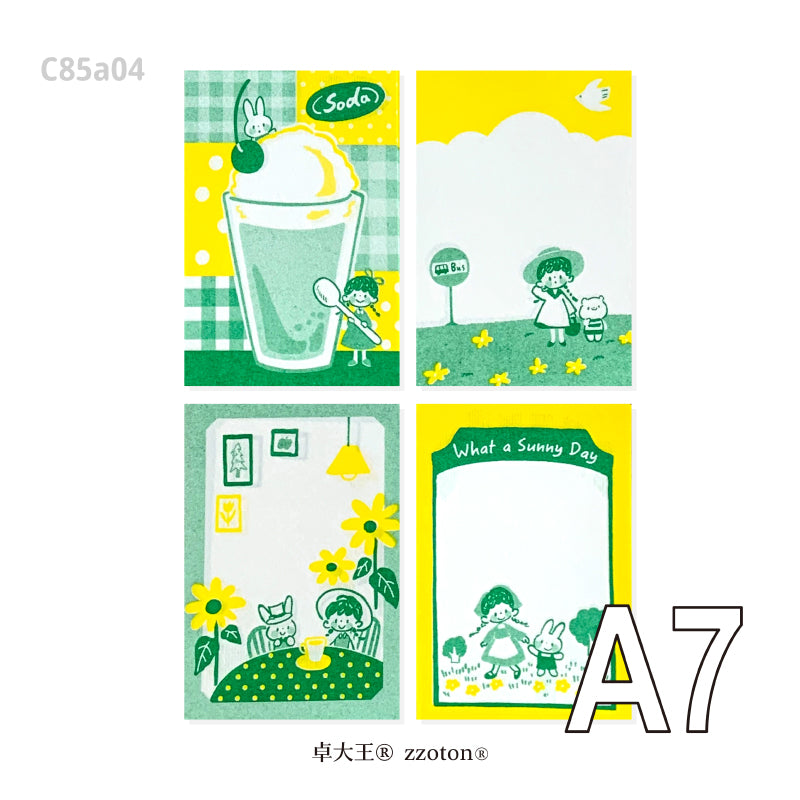 Molinta - Yellow and Green A7 Memo Pad

This includes 4 different designs that were created through a risograph printing process to achieve a nostalgic feel. The colors vary in depth, and the images on each sheet will have slight color registration deviations which is the unique feature of RISO printing.

Specifications: 80mmx120mm
Material: 100g cotton paper

Number of pages: 16