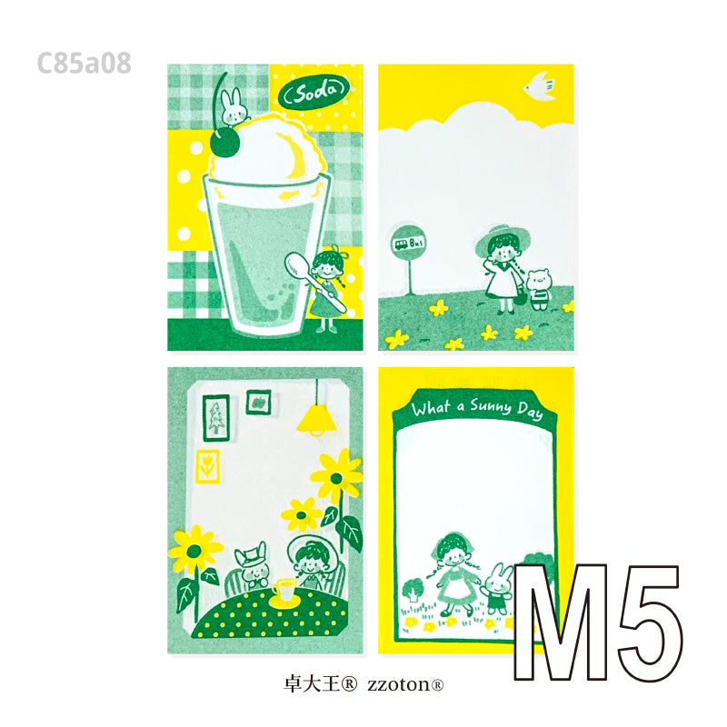 Molinta - Yellow and Green M5 Memo Pad

This includes 4 different designs that were created through a risograph printing process to achieve a nostalgic feel. The colors vary in depth, and the images on each sheet will have slight color registration deviations which is the unique feature of RISO printing.

Specifications: 67mm x105mm
Material: 100g cotton paper

Number of pages: 16
