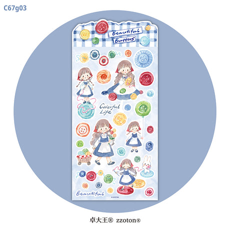 Featuring an adorable collection of illustrations with all kinds of buttons, this sticker sheet adds a cozy, whimsical touch to planners, cards, photo albums, and creative projects. Each design is printed on durable writing paper with vibrant colors for easy decoration!