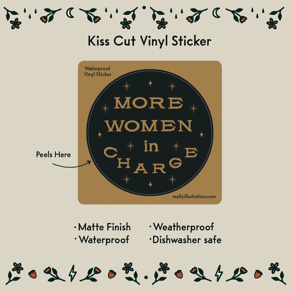 More Women In Charge Vinyl Sticker by Molly Illustration

This kiss cut sticker of my original artwork is printed on waterproof vinyl. Perfect for water-bottles, laptops, notebooks, helmets, bikes, skateboards and more.