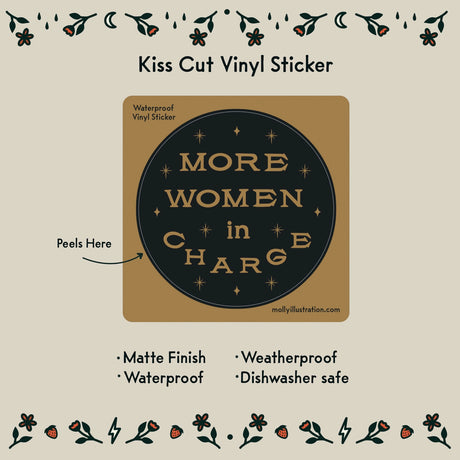More Women In Charge Vinyl Sticker by Molly Illustration

This kiss cut sticker of my original artwork is printed on waterproof vinyl. Perfect for water-bottles, laptops, notebooks, helmets, bikes, skateboards and more.
