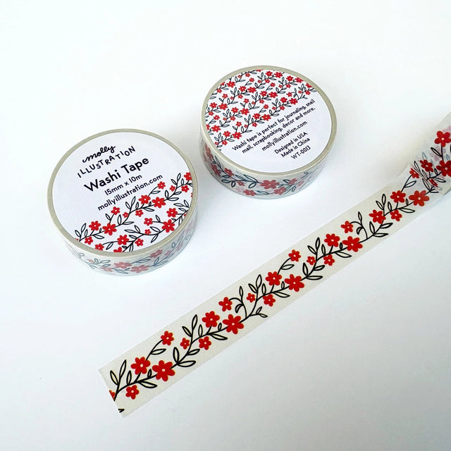 Molly Illustration - Red Scrolling Flower Decorative Washi Tape

This washi tape is my own original design.

Each decorative washi tape roll is 15mm wide and 10m in length and comes vacuum sealed in plastic with a matching sticker label.