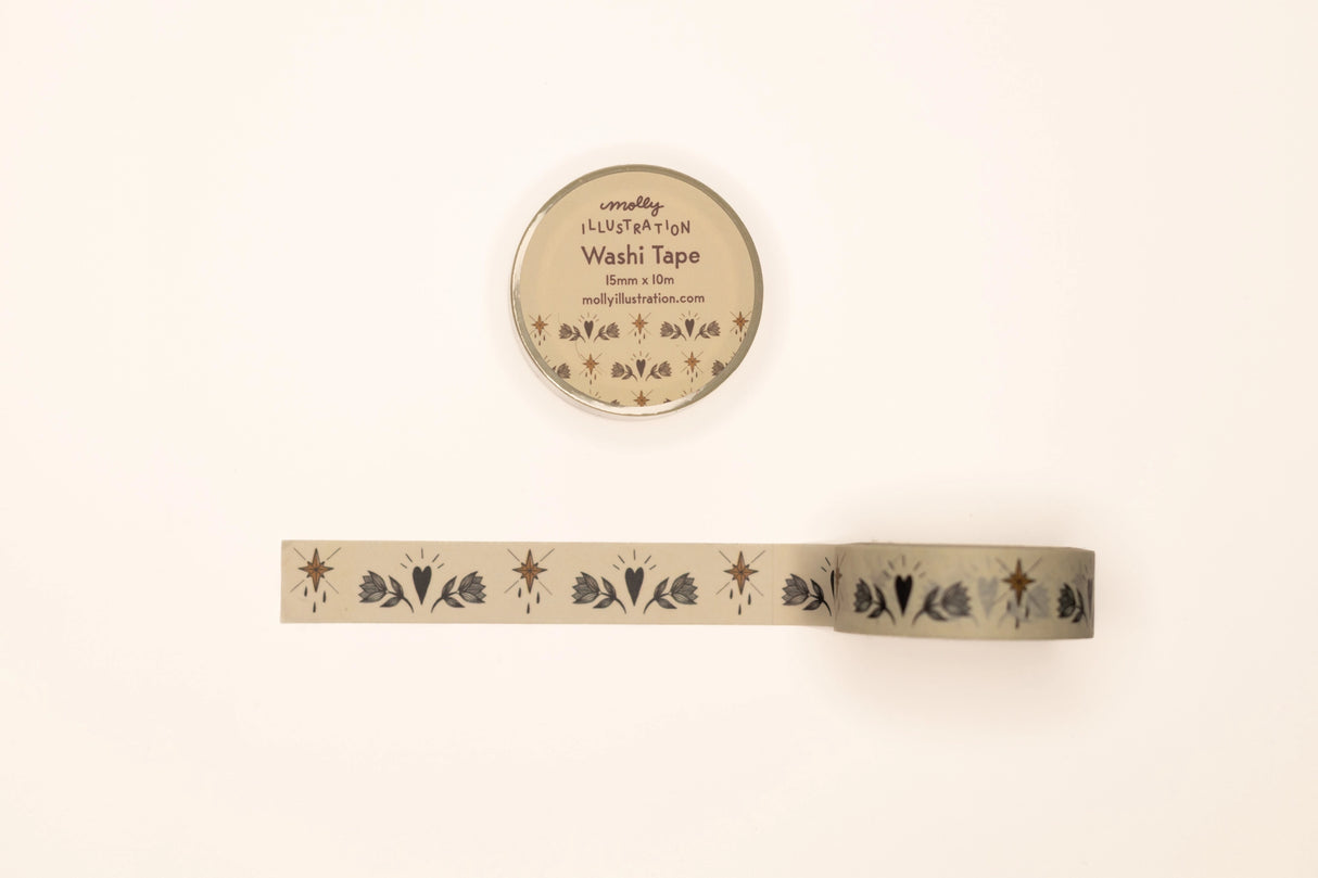 This washi tape is my own original design.

Each decorative washi tape roll is 15mm wide and 10m in length and comes vacuum sealed in plastic with a matching sticker label.


Washi tape is easy to stick to &amp; peel off of paper for repositioning and leave no residue.
Great for scrapbooking, journaling, planners, snail mail, gift wrapping and more!