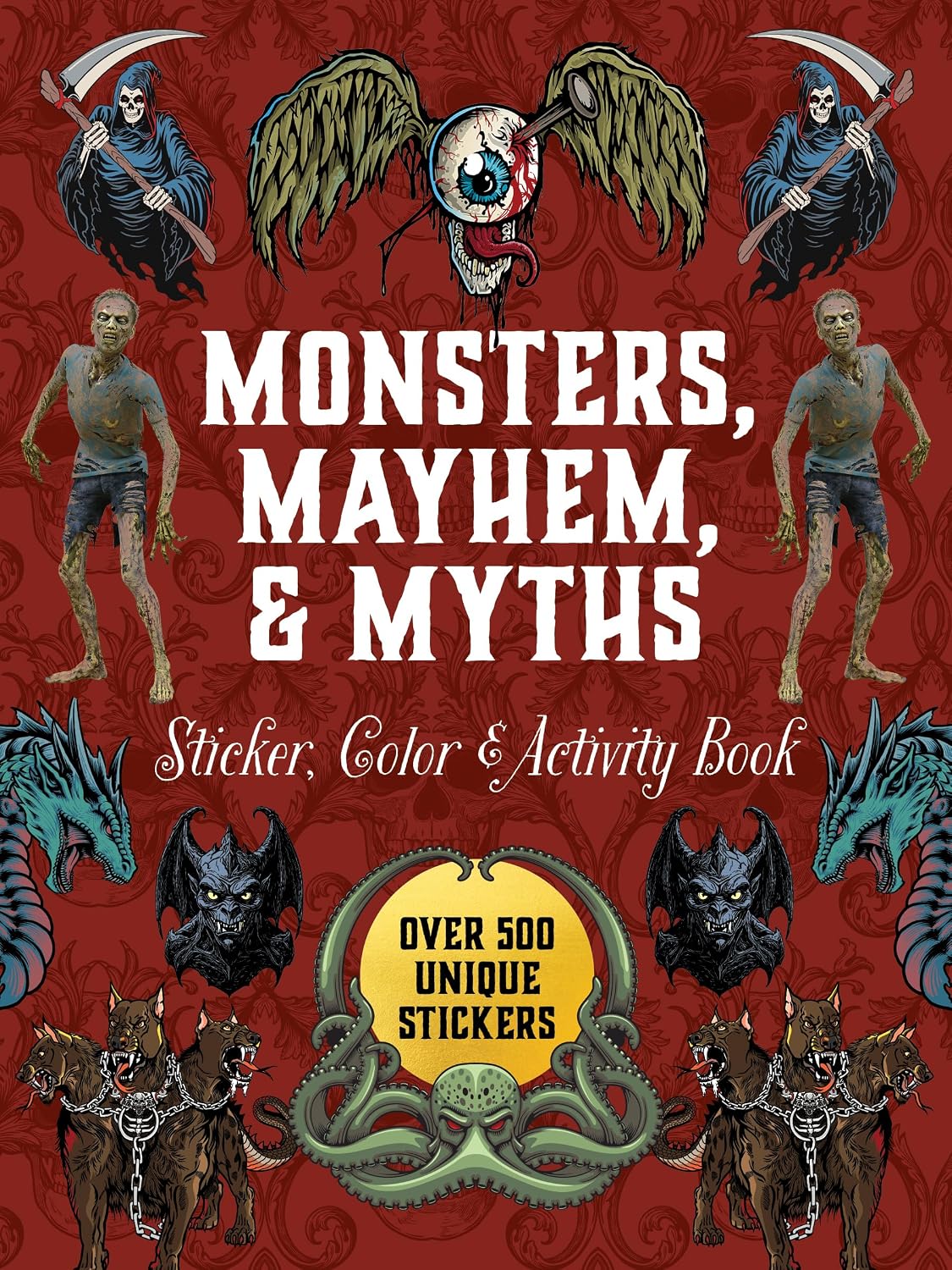 Explore the dark and macabre world of mythology and monsters with 500+ stickers, 50+ activity pages, puzzles, and trivia. 

With the Monsters, Mayhem, and Myths Sticker, Color & Activity Book, you can express both your creative and dark side with:

Exquisitely illustrated stickers: Use them to decorate envelopes, gift wrap, letters, scrapbooks, journals, or photo albums. On the backs of the sticker pages are quotes about various monsters and myths.
Creepy coloring pages, featuring line-drawn images of all k