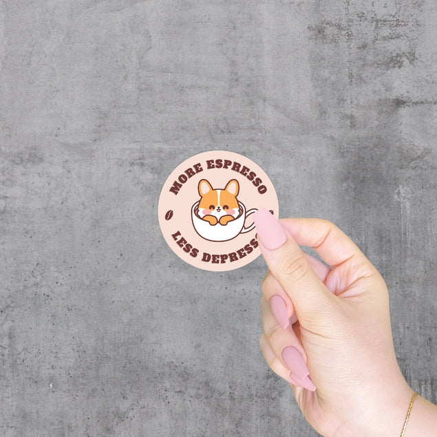 Pegatina de vinilo de Corgi con más espresso y menos depresso 