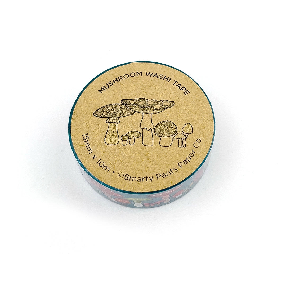 Mushroom pattern washi tape.

Each roll is 15mm X 10m
Acid-free
Original Smarty Pants design
Individually shrink wrapped
Kraft label on top displays pattern of tape
White label on bottom with product information