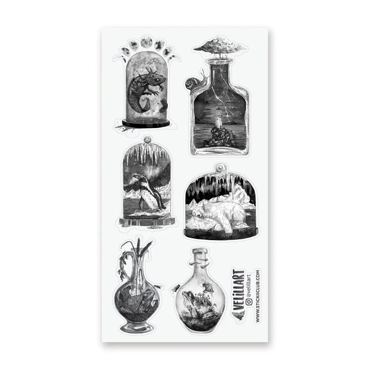 STICKII - Mysterious Little Worlds Sticker Sheet

🌩️🐻❄️ Something strange is brewing in @velillart's bottled-up world of wonders! Featuring a lighthouse amidst a storm, polar dreams of ice, and the curious lives of snails, frogs, and a mystical axolotl. This sheet feels like a cabinet of bottled curiosities gathered by a traveler who’s seen places no map could ever capture. Art by: @velillart

Top Coating: None
Adhesive Layer: Paper
Backing Layer: Clear PET
6.69"x3.54"
Weight: 0.03oz
1 Sheet Included