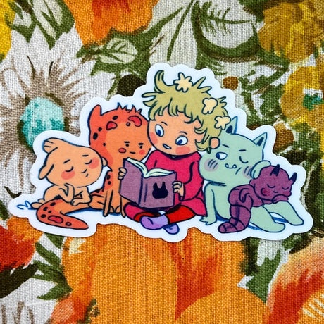 This little bedtime story matte sticker is 4 x 2.3". Great for water bottles, laptops or notebooks! They’re durable and waterproof and the thick vinyl protects the stickers from scratching, water and sunlight.