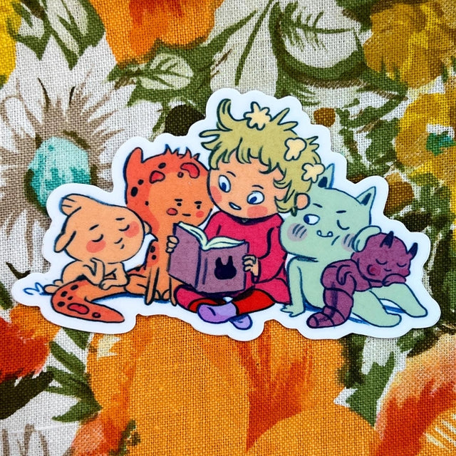 This little bedtime story matte sticker is 4 x 2.3". Great for water bottles, laptops or notebooks! They’re durable and waterproof and the thick vinyl protects the stickers from scratching, water and sunlight.