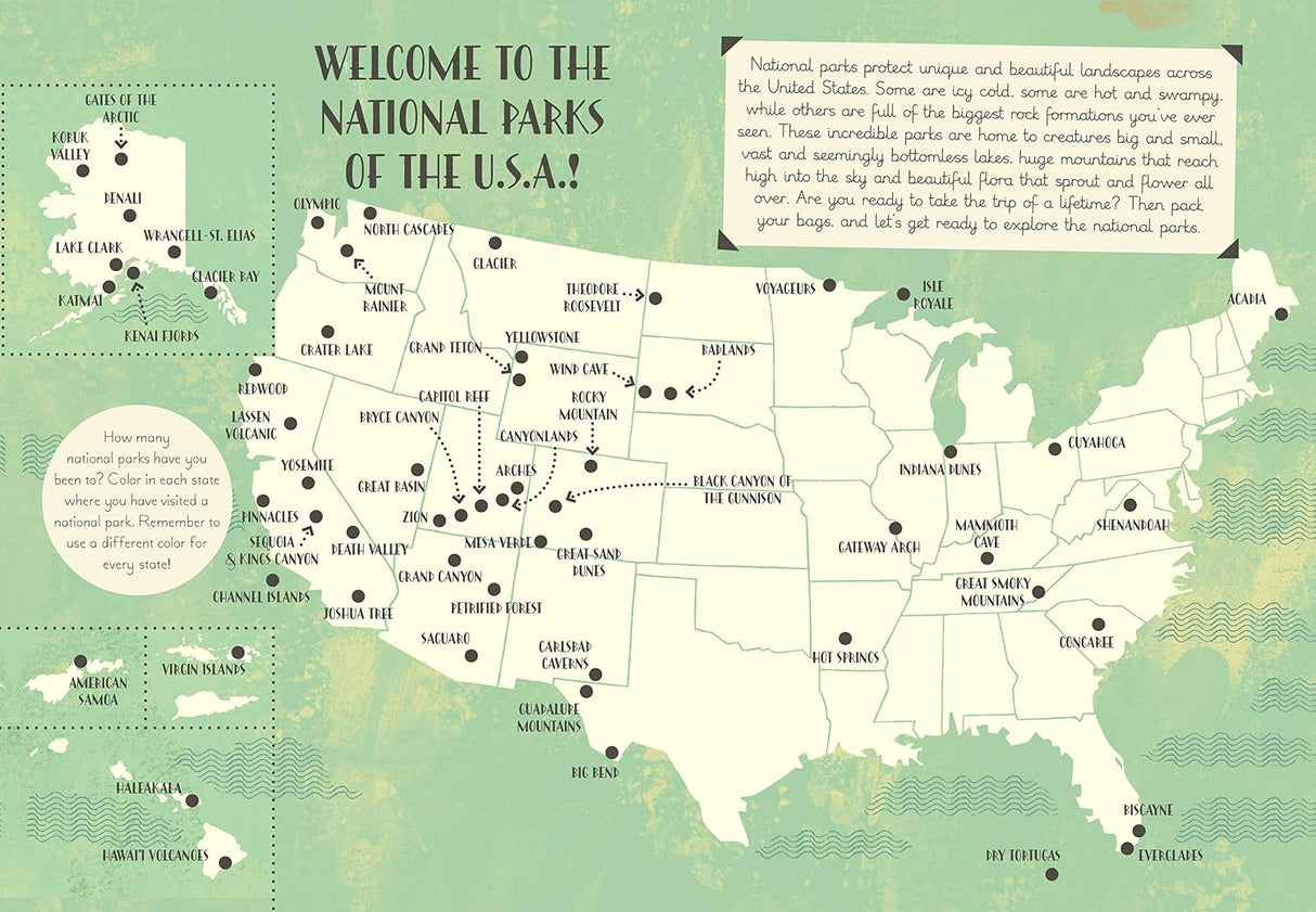 Prepare to explore the incredible national parks of the U.S.A. with this activity packed book, full of maps, nature, and creatures big and small from America's great outdoors.&nbsp;

Travel coast to coast on a journey like no other as you get busy with mazes, spot the difference, crosswords puzzles, word searches, 50 stickers, an awesome pull-out poster, and so much more.&nbsp;