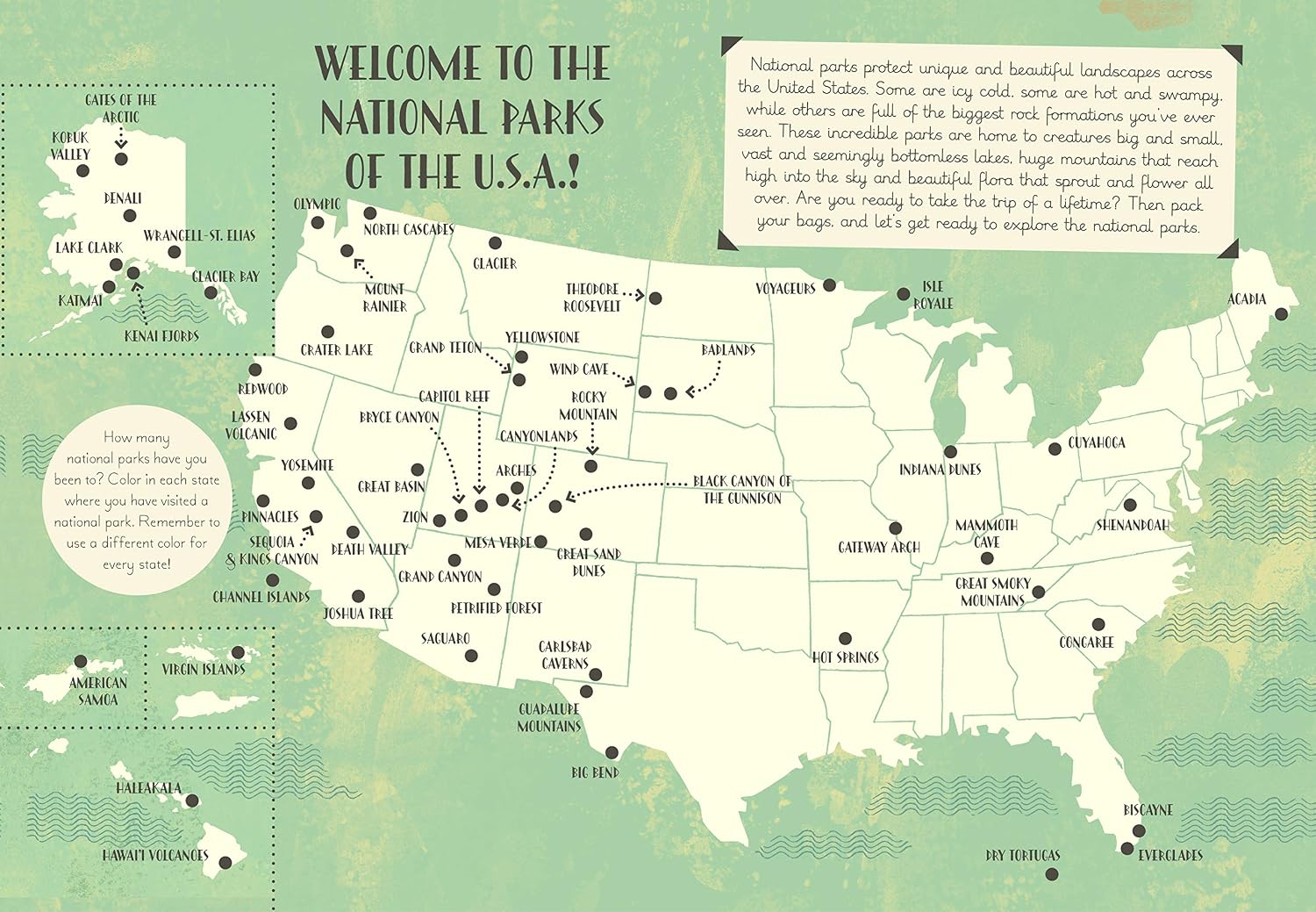 Prepare to explore the incredible national parks of the U.S.A. with this activity packed book, full of maps, nature, and creatures big and small from America's great outdoors.&nbsp;

Travel coast to coast on a journey like no other as you get busy with mazes, spot the difference, crosswords puzzles, word searches, 50 stickers, an awesome pull-out poster, and so much more.&nbsp;