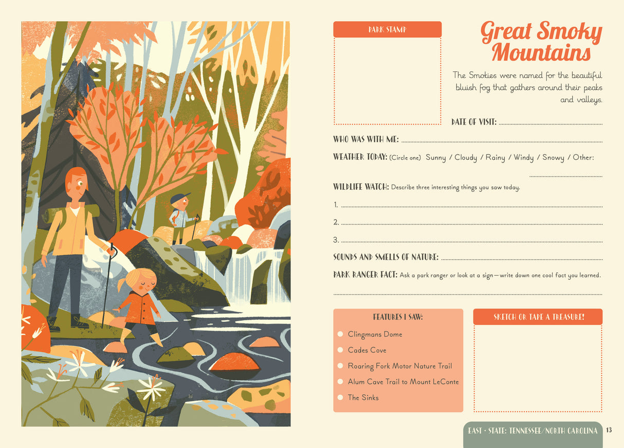 Explore the amazing National Parks with this keepsake journal to document your adventures. With a spread to fill in on 63 National Parks, including parks from each of the 50 States. 

Fill in the park name, date, weather, places you went, things you saw, favorite moment, and note down things to do next time, as well as adding drawings, pressed flowers or leaves, rubbings, photos and stamps. There is a spread for each national park and a place to add the unique stamp from every park you visit. Use the spotte