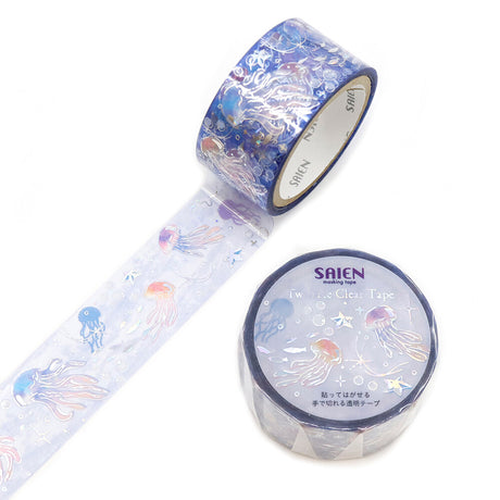 Drift into a dreamy underwater world with this stunning Nostalgic Jellyfish Clear Tape from SAIEN. Designed on a transparent base, this tape features softly floating jellyfish that glow beautifully when layered over planners, journals, and craft projects. The delicate artwork paired with shimmering hologram foil creates a magical, ethereal effect, like watching jellyfish drift through sunlit water.