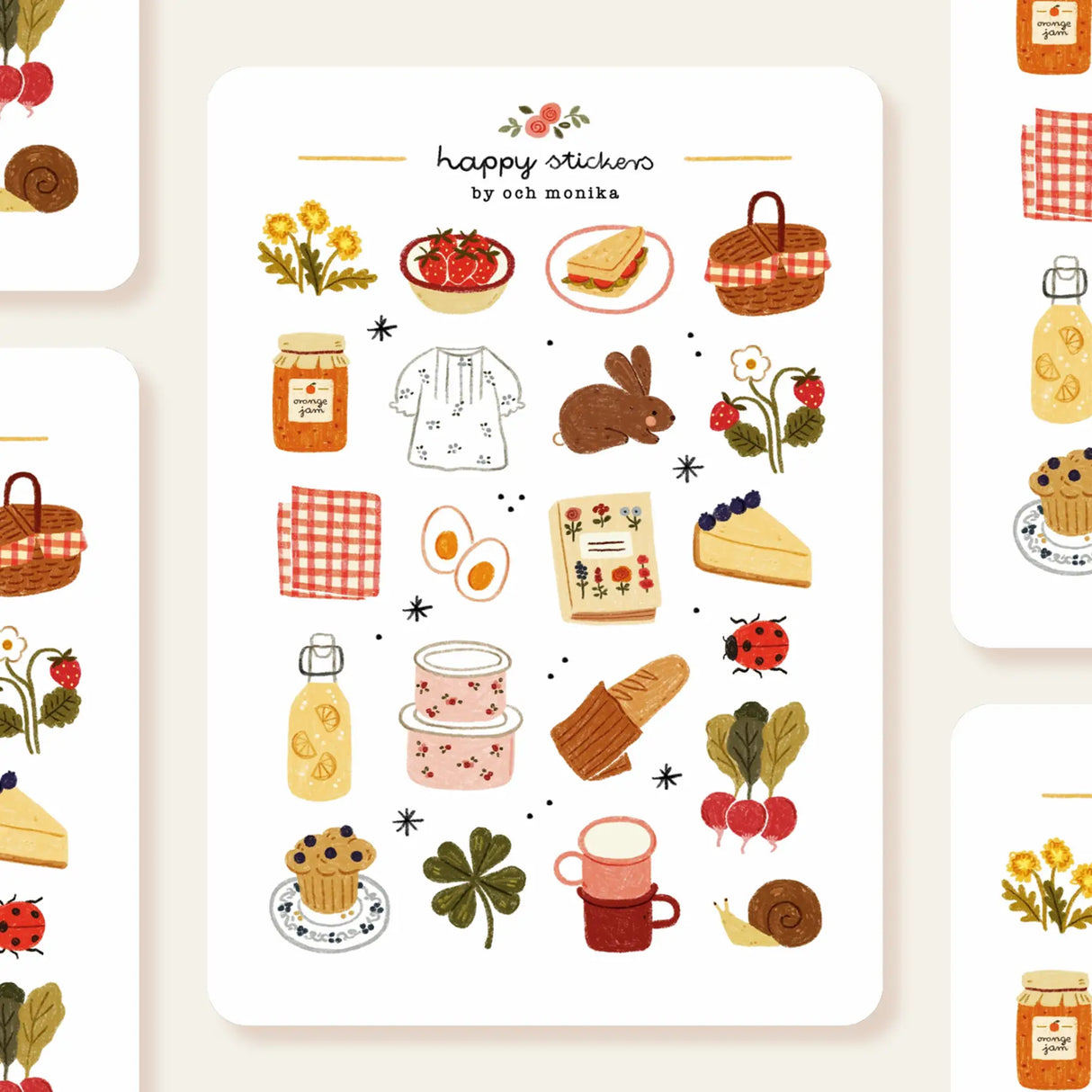 OchMonika Spring Picnic Sticker Sheet

A matte paper sticker sheet filled with cozy, hand-drawn illustrations, perfect for planners, journals, or scrapbooking. It features a outdoor picnic and spring theme, making it a perfect fit for nature lovers and gift boutiques. All designs are lovingly created by Monika Szczerbińska.