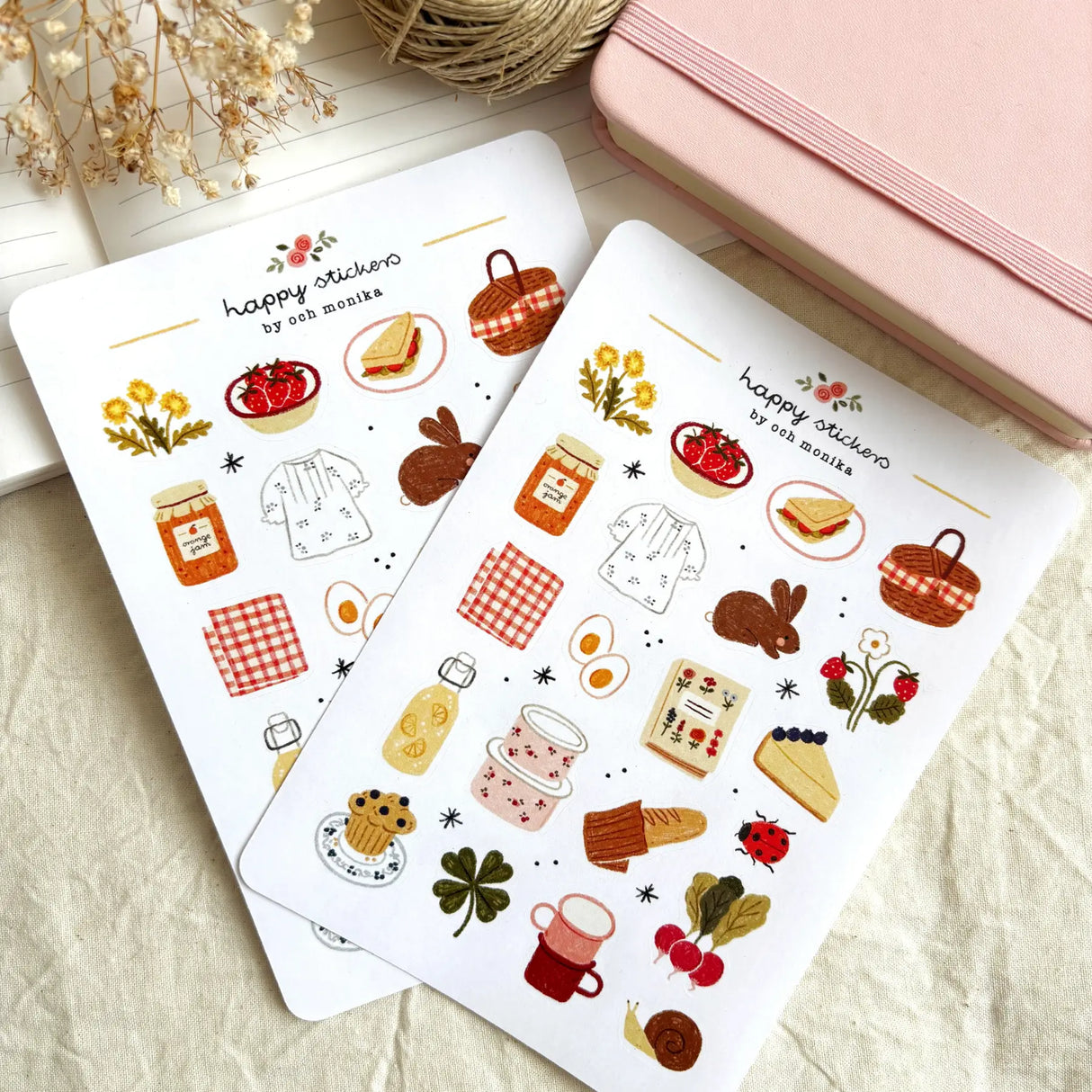 OchMonika Spring Picnic Sticker Sheet

A matte paper sticker sheet filled with cozy, hand-drawn illustrations, perfect for planners, journals, or scrapbooking. It features a outdoor picnic and spring theme, making it a perfect fit for nature lovers and gift boutiques. All designs are lovingly created by Monika Szczerbińska.