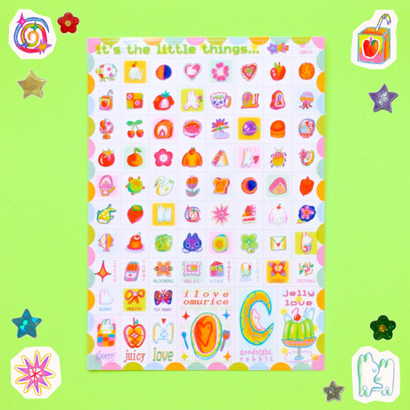 5x7 Sticker Sheet.&nbsp;

Should not be placed in areas of heavy wear (phone cases, laptops, water bottles, etc).

Great for journaling or decorating flat spaces!