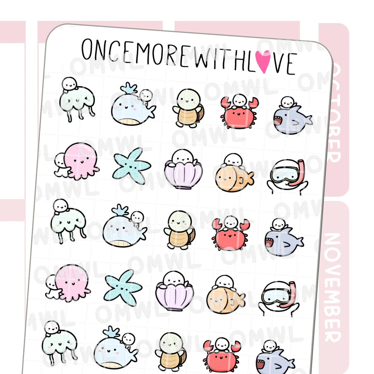 Once More With Love - M1263 Sea Creatures Sticker Sheet

Sea critter doodles to match the brand new Under the Sea themed kit!

SPECS:

Size - Each sheet is approximately 4.5x3.5 (regular size) inches.&nbsp;
Type - Designed for all planners, organizers, calendars, bullet journals, and traveler's notebooks&nbsp;
Material - Non-removable matte white adhesive paper&nbsp;
Design - All designs are original and created by Margaret Ying of OnceMoreWithLove.&nbsp;
