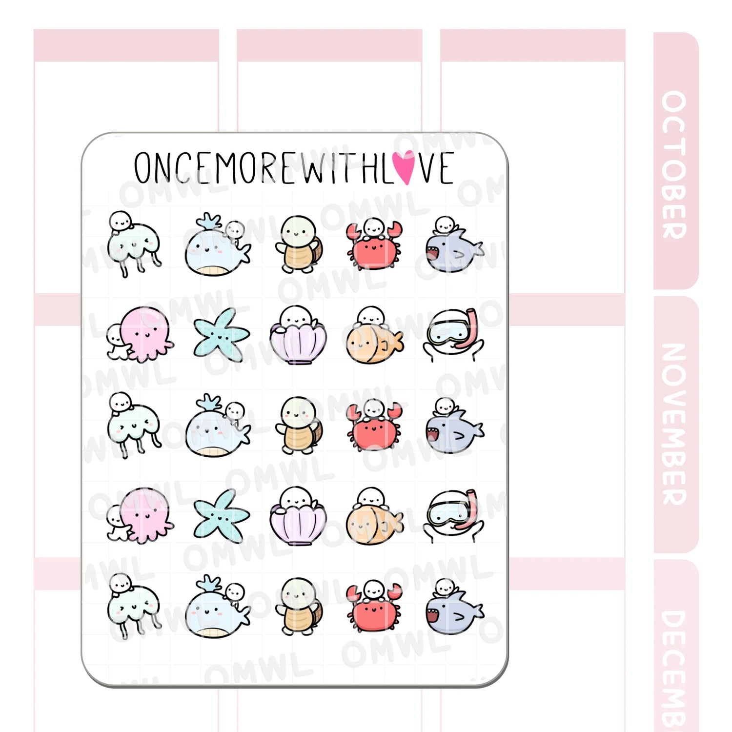 Once More With Love - M1263 Sea Creatures Sticker Sheet

Sea critter doodles to match the brand new Under the Sea themed kit!

SPECS:

Size - Each sheet is approximately 4.5x3.5 (regular size) inches.&nbsp;
Type - Designed for all planners, organizers, calendars, bullet journals, and traveler's notebooks&nbsp;
Material - Non-removable matte white adhesive paper&nbsp;
Design - All designs are original and created by Margaret Ying of OnceMoreWithLove.&nbsp;