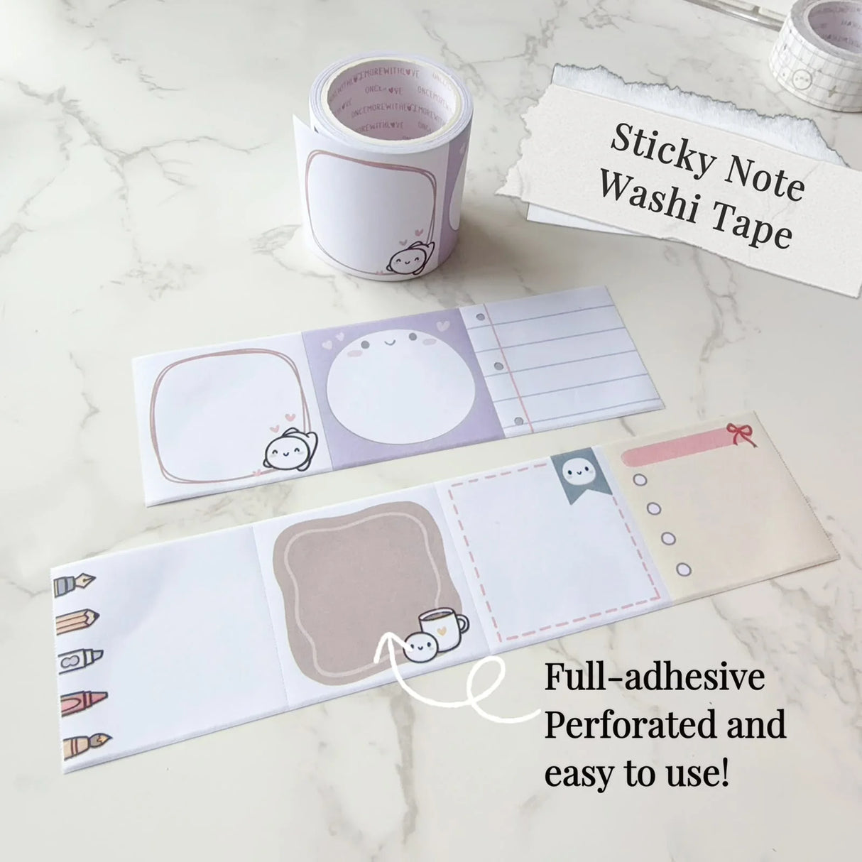The cutest little memos! Sticky note washi that's perfect for jotting down reminders, lists, and happy thoughts!

WHAT YOU RECEIVE:
1 roll of exclusively designed 1.75" washi tape

These washi tapes are great for decorating your munchkin planner spreads or for creating cards, scrapbook pages, or journals :)

Washi tapes come shrink wrapped. No other packaging provided!

SIZE: 1.75" x 10m
MATERIAL: washi tape