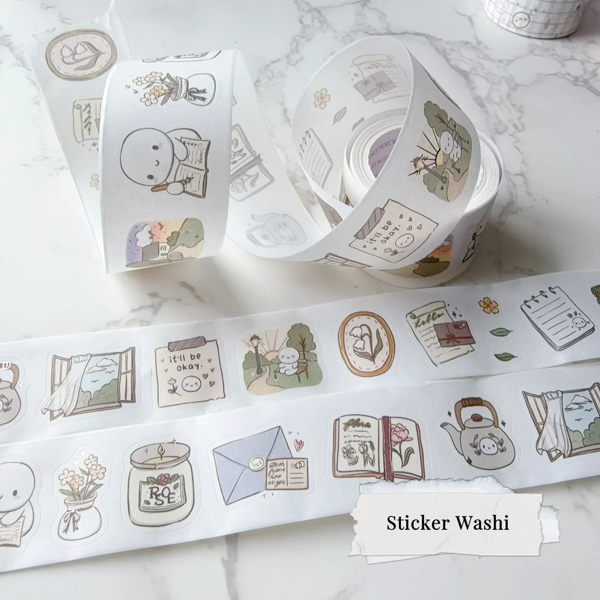 A peaceful little moment, one sticker at a time! Individually peelable washi stickers featuring cozy illustrations, finished with beautiful pearlized gold foil.

WHAT YOU RECEIVE:

1 roll of exclusively designed 30mm washi tape!

These washi tapes are great for decorating the bottom of many planner spreads or for creating cards, scrapbook pages, or journals :)

Washi tapes come shrink wrapped. No other packaging provided!

SIZE: 30mm x 10m
MATERIAL: washi tape