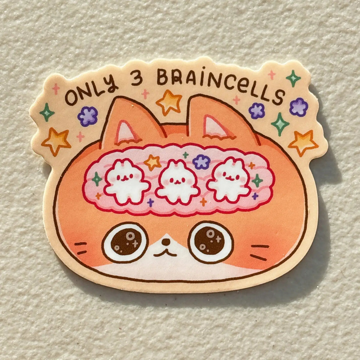 These heavy duty waterproof vinyl stickers are perfect for decorating any laptop, water bottle, iPad case, notebook cover, etc!

Details:&nbsp;

Only 3 Braincells: 2.75 x 2.15 in
Heavy Duty Vinyl
Waterproof