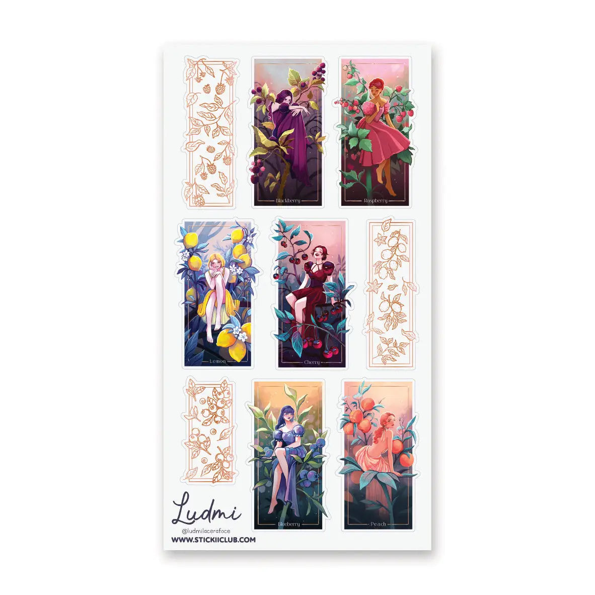 🍒🍋 @ludmilacerafoce’s fruity fashionistas are serving looks inspired by blackberries, raspberries, lemons, cherries, blueberries, and peaches! Draped in juicy colors and surrounded by oversized fruit and foliage, each glamorous girl brings her own bold personality to the garden. Finished with gleaming foil accents, this sheet is one seriously fresh-picked lineup! Art by: @ludmilacerafoce

Top Coating: Gold foil
Adhesive Layer: PVC (plastic)
Backing Layer: Clear PET
6.69" x 3.54".
Weight .03lbs