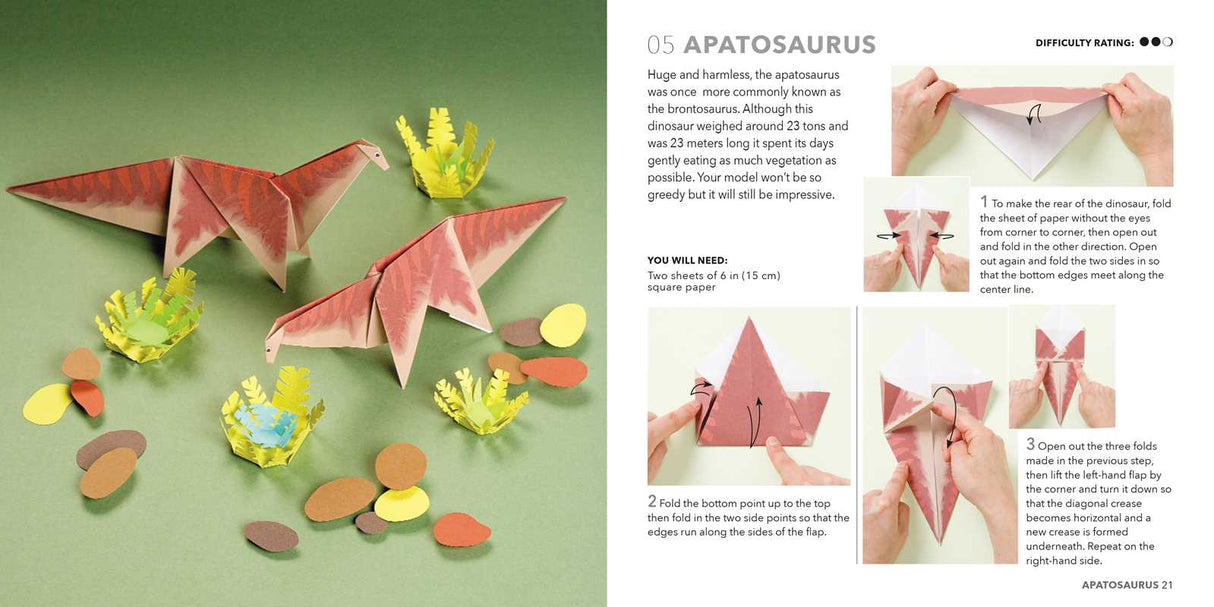 Go back to the days when dinosaurs ruled the earth with 15 prehistoric paper-folding projects and 250 sheets of origami paper to sink your teeth into.

With 15 designs for big and small dinosaurs, ocean-dwellers, and high flyers, there are projects here to entertain any paper paleontologist.

Try your hand at the speedy Velociraptor or one of the largest land animals that ever existed, the Apatosaurus. From the Cretaceous period you can make the king of the dinosaurs, the Tyrannosaurus rex, and the ancestor