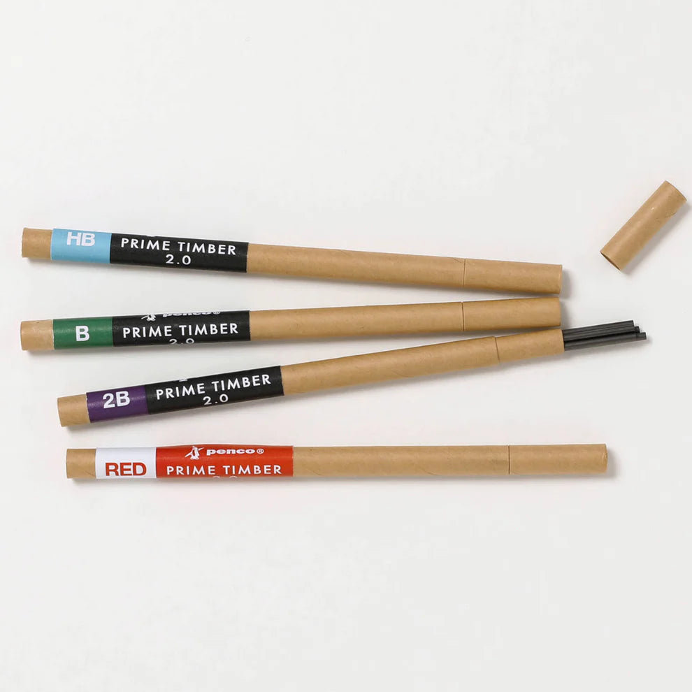 PENCO Prime Timber Refill

A set of 5 refill leads in HB or 2B for 2mm mechanical pencils by Penco.

Made in Japan.

* To sharpen your Prime Timber pencil with its attached sharpener, try moving the pencil back and forth in stead of turning it, to follow its special blade mechanics&nbsp;

Fits:
- Prime Timber 2022
- Prime Timber Brass 2022
- Prime Timber
- Prime Timber Brass