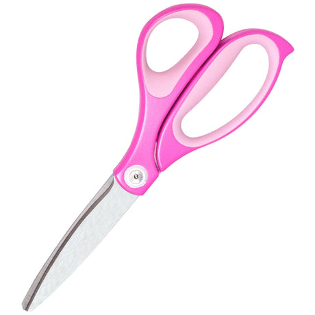 • Revolutionary curved blades offer 2x the cutting force of straight edge scissors. 
• Unique curved blades continuously cut at the ideal angle of 30 degrees. 
• Effortless cutting from the pivot point to the scissor tip. 
• Double layered grips for maximum comfort. 
• Smooth and durable pivot ring. 
• Stainless steel blades. 
• Available in multiple sizes and colors. 
Scissor Length: 8 in