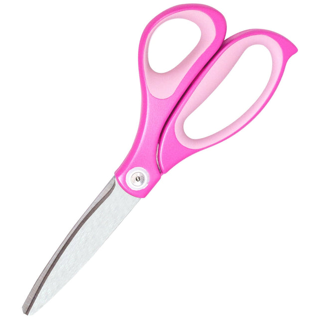 • Revolutionary curved blades offer 2x the cutting force of straight edge scissors. 
• Unique curved blades continuously cut at the ideal angle of 30 degrees. 
• Effortless cutting from the pivot point to the scissor tip. 
• Double layered grips for maximum comfort. 
• Smooth and durable pivot ring. 
• Stainless steel blades. 
• Available in multiple sizes and colors. 
Scissor Length: 8 in