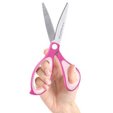 • Revolutionary curved blades offer 2x the cutting force of straight edge scissors. 
• Unique curved blades continuously cut at the ideal angle of 30 degrees. 
• Effortless cutting from the pivot point to the scissor tip. 
• Double layered grips for maximum comfort. 
• Smooth and durable pivot ring. 
• Stainless steel blades. 
• Available in multiple sizes and colors. 
Scissor Length: 8 in