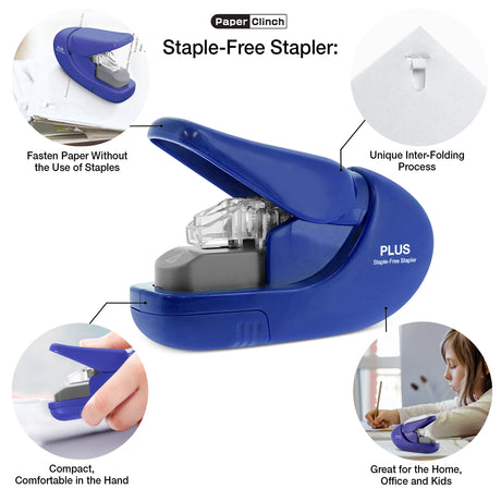 This clinch stapler lets you quickly fasten paper without the use of staples. Never buy staples again.&nbsp;It fastens up to five sheets of paper at a time with a unique inter-folding process.&nbsp;Always ready to use—never worry about running out of staples and safe for children to use.

"Stapled" documents are paper shredder safe.

Perfect for school, home and office.