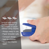 This clinch stapler lets you quickly fasten paper without the use of staples. Never buy staples again.&nbsp;It fastens up to five sheets of paper at a time with a unique inter-folding process.&nbsp;Always ready to use—never worry about running out of staples and safe for children to use.

"Stapled" documents are paper shredder safe.

Perfect for school, home and office.