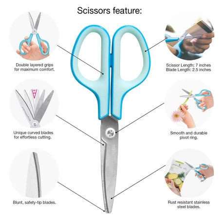 • Revolutionary curved blades offer 2x the cutting force of straight edge scissors.
• Unique curved blades continuously cut at the ideal angle of 30 degrees.
• Effortless cutting from the pivot point to the scissor tip.
• Double layered grips for maximum comfort.
• Smooth and durable pivot ring.
• Stainless steel blades.
• Available in multiple sizes and colors.
Scissor Length: 7 in