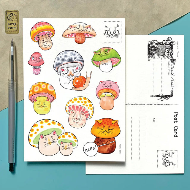 A vibrant collection of mushroom cats.

+ size: 4.25 x 6” standard size, regular postage stamp
+ printed on a ‘toothy’ rag off white color card stock paper
+ FSC 100% recycled environmentally friendly paper
+ created and printed in Portland, OR 


All work and photos ©PAPER PUFFIN Art by K.CARLSON