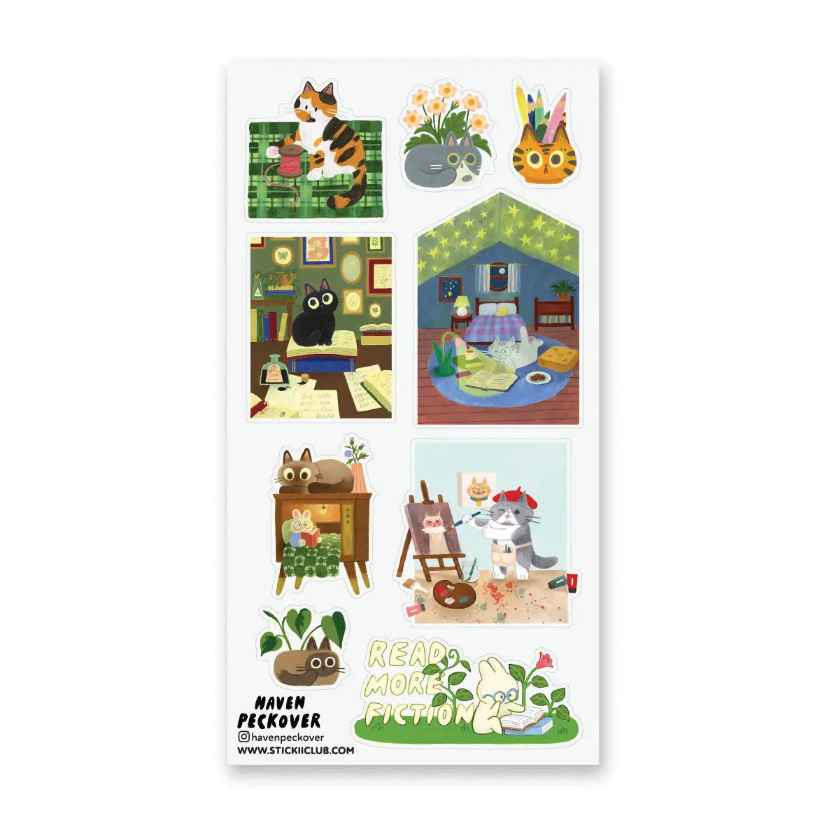 📚🐈 Tucked between cozy rooms, leafy corners, and pages waiting to be explored, @havenpeckover’s curious cats are keeping very busy! These creative kitties paint portraits, curl up with books, play with yarn, tend to their plants, and settle in for quiet study sessions with tea and cookies. A charming little sheet for anyone who believes work is better with a cat nearby, and play is basically required between chapters.

Art by: @havenpeckover