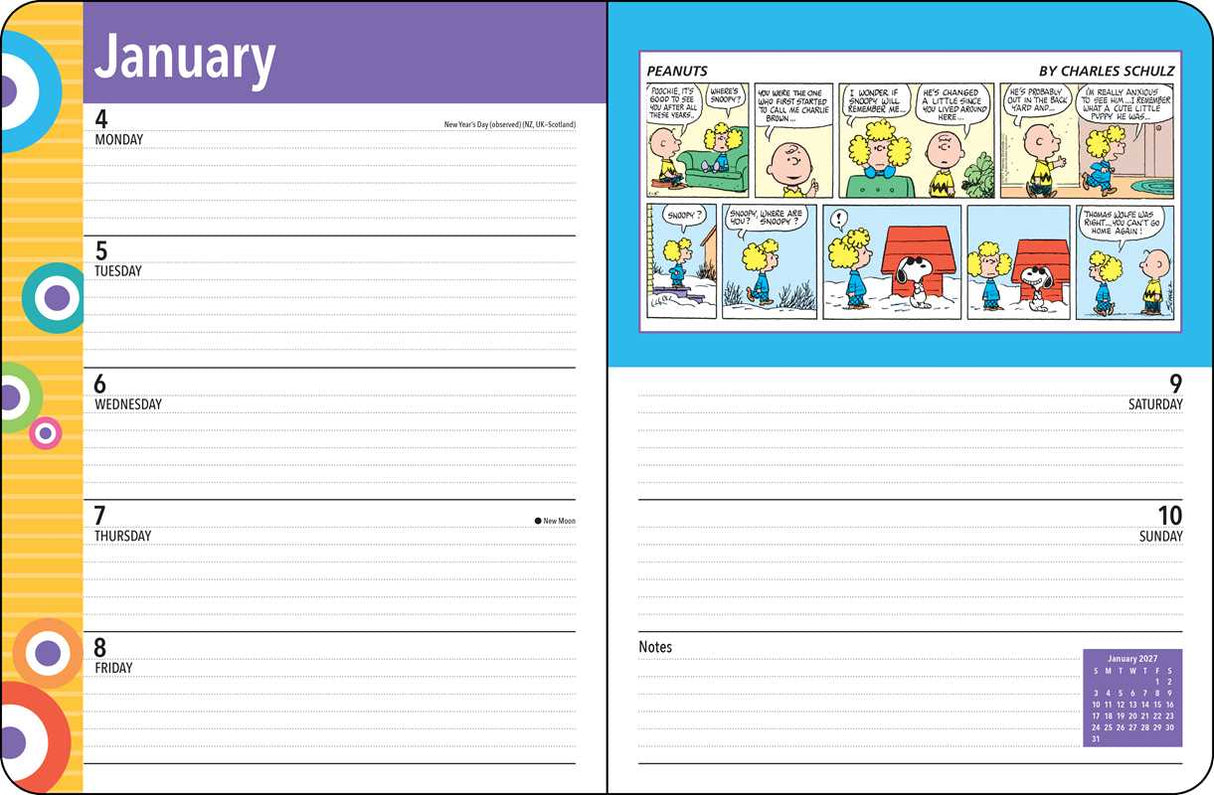 Staying organized will be a breeze this year with this bright and colorful monthly/weekly planner that features full-color Sunday comic strips of everyone's favorite gang—the PEANUTSÂ® gang.

The PEANUTSÂ® 2027 Monthly/Weekly Planner blends functionality with fun, featuring vibrant comic strips from Charles M. Schulz that celebrate the wit, whimsy, and heart of the PEANUTSÂ® gang. It offers plenty of space to jot down appointments, meetings, activities, or notes, and fits easily on a counter or desk, either