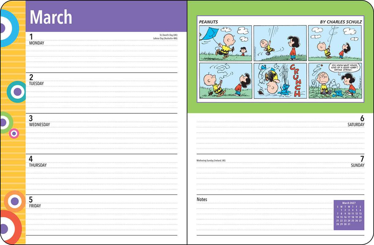 Staying organized will be a breeze this year with this bright and colorful monthly/weekly planner that features full-color Sunday comic strips of everyone's favorite gang—the PEANUTSÂ® gang.

The PEANUTSÂ® 2027 Monthly/Weekly Planner blends functionality with fun, featuring vibrant comic strips from Charles M. Schulz that celebrate the wit, whimsy, and heart of the PEANUTSÂ® gang. It offers plenty of space to jot down appointments, meetings, activities, or notes, and fits easily on a counter or desk, either