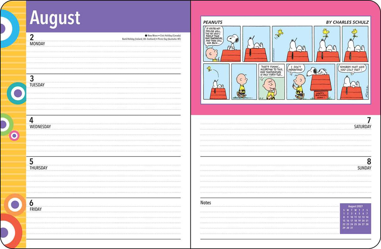 Staying organized will be a breeze this year with this bright and colorful monthly/weekly planner that features full-color Sunday comic strips of everyone's favorite gang—the PEANUTSÂ® gang.

The PEANUTSÂ® 2027 Monthly/Weekly Planner blends functionality with fun, featuring vibrant comic strips from Charles M. Schulz that celebrate the wit, whimsy, and heart of the PEANUTSÂ® gang. It offers plenty of space to jot down appointments, meetings, activities, or notes, and fits easily on a counter or desk, either