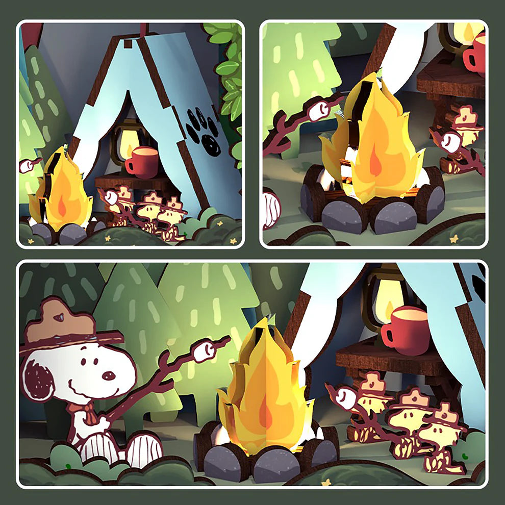 Gather 'round the campfire with Snoopy and his loyal Beagle Scouts in this heartwarming DIY Miniature Book Nook Kit! Nestled between trees and under the stars, Snoopy and the Woodstocks are toasting marshmallows over a crackling fire, their cozy tent pitched nearby. In the distance, gentle mountain silhouettes rise beyond the forest-setting the perfect scene for a peaceful, storybook escape.

This delightful book nook brings the charm of classic Peanuts adventures and the joy of outdoor camping into a beaut
