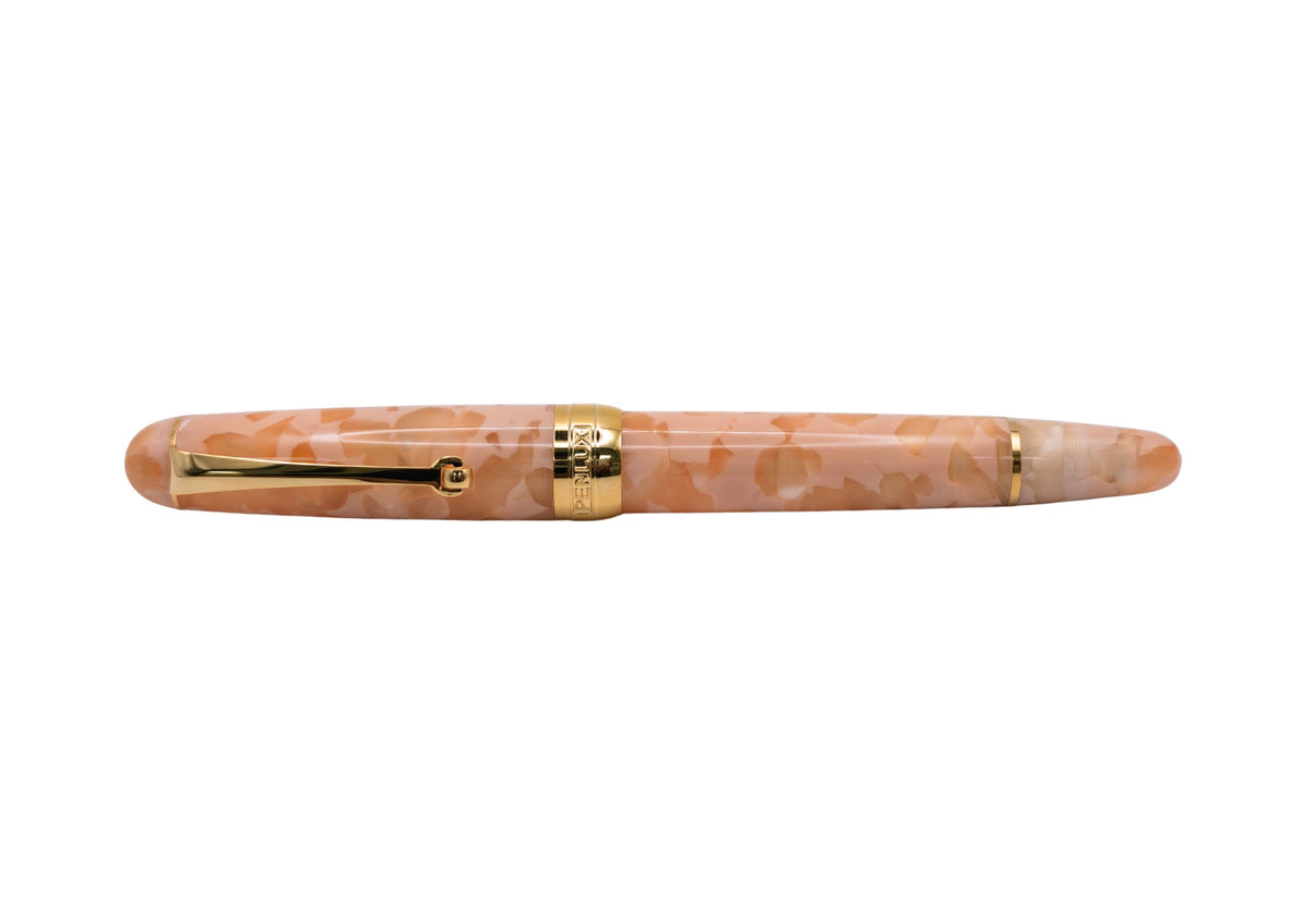 Penlux Masterpiece Delgado Baby Pink Fountain Pen

The collection of Delgado Selected is a premiere version of the Delgado which uses only rare materials and with small production quantity.&nbsp; The Baby Pink was created using PMMA resin and only 70 pieces were produced.&nbsp;

The Baby Pink Delgado has a sophisticated and dreamy look with soft blush, pastel peach, and pearlescent cream flakes suspended in a clear acrylic body. Paired with gold-plated trim and nib, it looks like a piece of polished rose qu