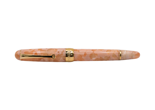 Penlux Masterpiece Delgado Baby Pink Fountain Pen

The collection of Delgado Selected is a premiere version of the Delgado which uses only rare materials and with small production quantity.&nbsp; The Baby Pink was created using PMMA resin and only 70 pieces were produced.&nbsp;

The Baby Pink Delgado has a sophisticated and dreamy look with soft blush, pastel peach, and pearlescent cream flakes suspended in a clear acrylic body. Paired with gold-plated trim and nib, it looks like a piece of polished rose qu
