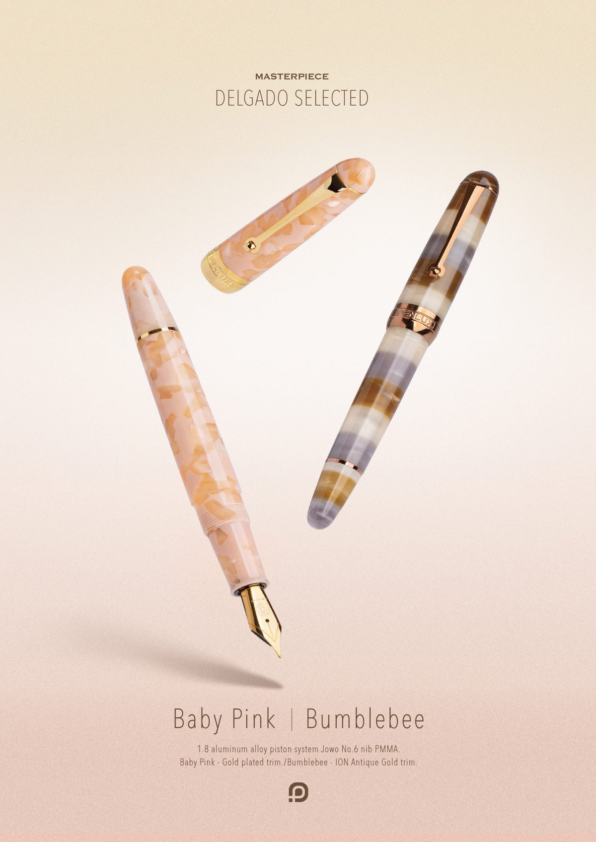 Penlux Masterpiece Delgado Baby Pink Fountain Pen

The collection of Delgado Selected is a premiere version of the Delgado which uses only rare materials and with small production quantity.&nbsp; The Baby Pink was created using PMMA resin and only 70 pieces were produced.&nbsp;

The Baby Pink Delgado has a sophisticated and dreamy look with soft blush, pastel peach, and pearlescent cream flakes suspended in a clear acrylic body. Paired with gold-plated trim and nib, it looks like a piece of polished rose qu