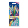 The Dual Metallic is a playful ballpoint pen with two sparkles in one line.
Because the ink and glitter colors are different, they produce colors that can be seen depending on the angle of light and the color of the background.
White paper has a delicate shimmer, and black paper has a deep, fantastic brilliance. With just one pen, you can create a variety of expressions that attract the viewer's heart.

It is finished in a set case made of paper material with a glittering hologram finish. Inside the case, t