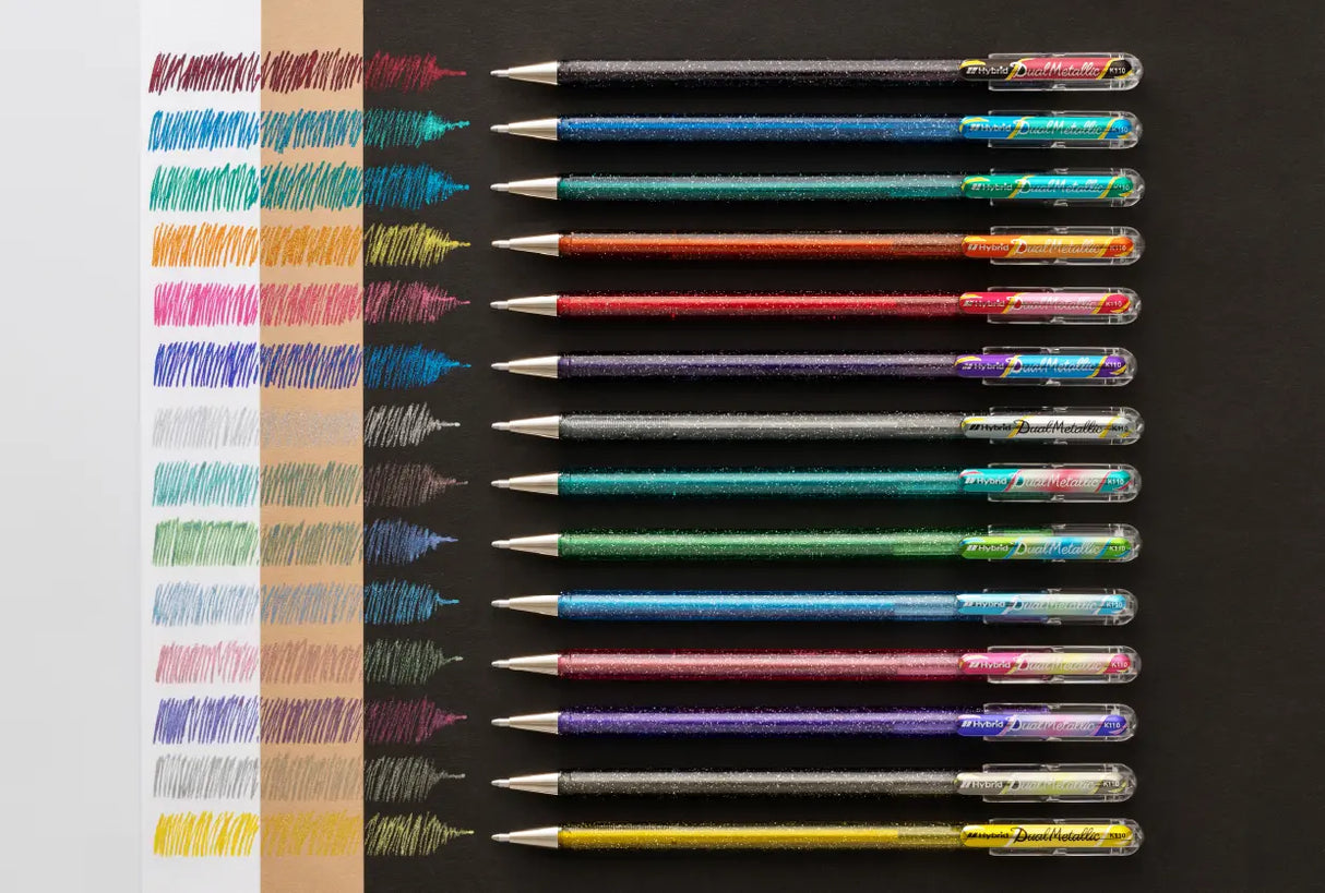 The Dual Metallic is a playful ballpoint pen with two sparkles in one line.
Because the ink and glitter colors are different, they produce colors that can be seen depending on the angle of light and the color of the background.
White paper has a delicate shimmer, and black paper has a deep, fantastic brilliance. With just one pen, you can create a variety of expressions that attract the viewer's heart.

It is finished in a set case made of paper material with a glittering hologram finish. Inside the case, t