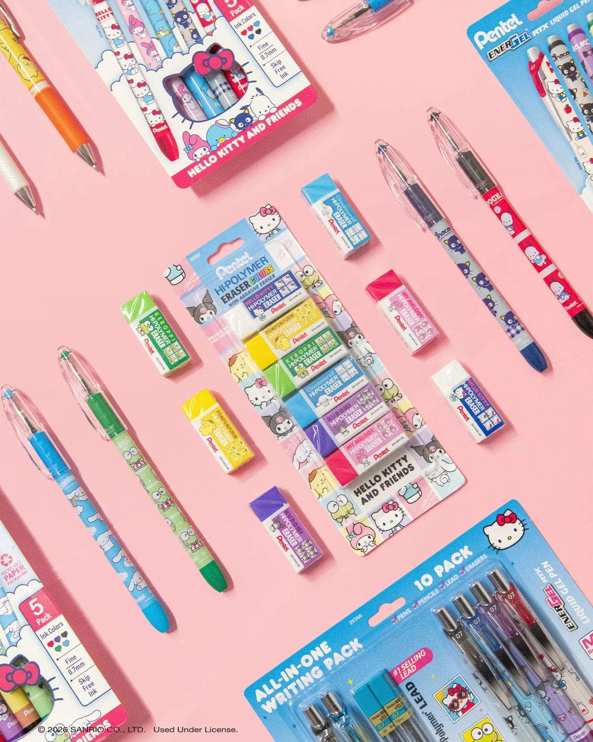 Your favorite characters, your favorite pens. Pentel has teamed up with Hello Kitty and Friends to bring you a limited-edition collection of premium writing instruments designed for fans, collectors, and everyday writers alike.

Key features:

Limited-Edition Hello Kitty and Friends character designs for fans, collectors, and everyday writers alike.
The erasers are made from high-quality, latex-free materials, ensuring they are safe for all users.
Each eraser is designed to erase cleanly without tearing or 