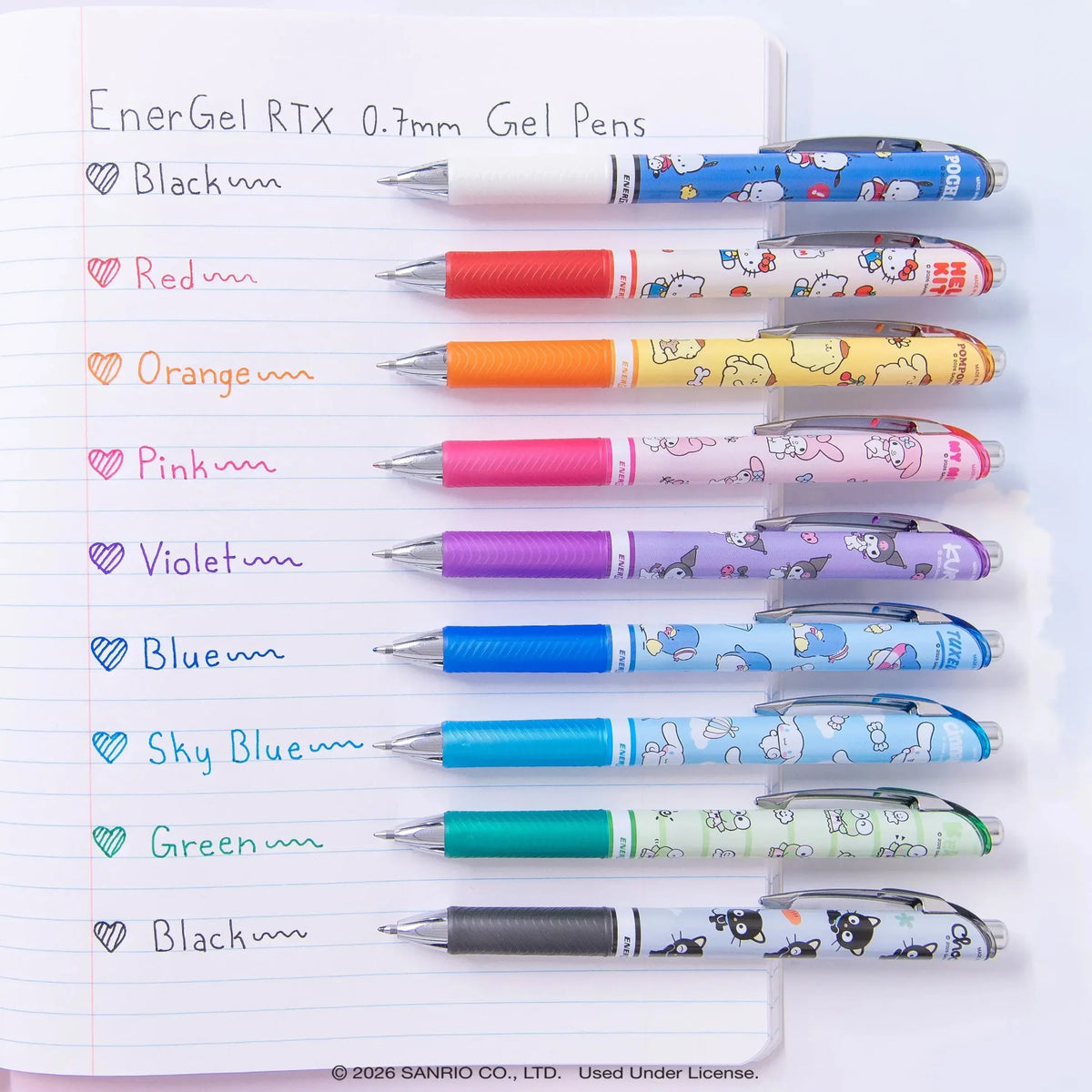 Your favorite characters, your favorite pens. Pentel has teamed up with Hello Kitty and Friends to bring you a limited-edition collection of premium writing instruments designed for fans, collectors, and everyday writers alike.

The Pentel Writing Essentials Pack includes 4 EnerGel gel pens with assorted ink colors, 2 EnerGize 0.7mm mechanical pencils, 2 Hi-Polymer block erasers, and 2 Hi-Polymer 0.7mm HB lead, providing a comprehensive writing solution. Many people struggle to find writing tools that are b
