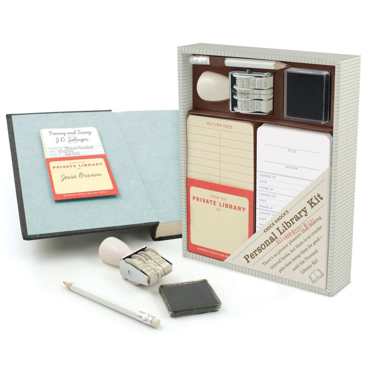 For a bibliophile, there's no greater pleasure than sharing beloved books, but no crueler pain than losing them for good--until the Personal Library Kit! Revive old-fashioned library circulation techniques for fun and book retention with our classic bestseller! The perfect gift for the generous reader.

6 x 7.5 x 1.25 inches
20 self-adhesive pockets and checkout cards
Date stamp and inkpad
Pencil