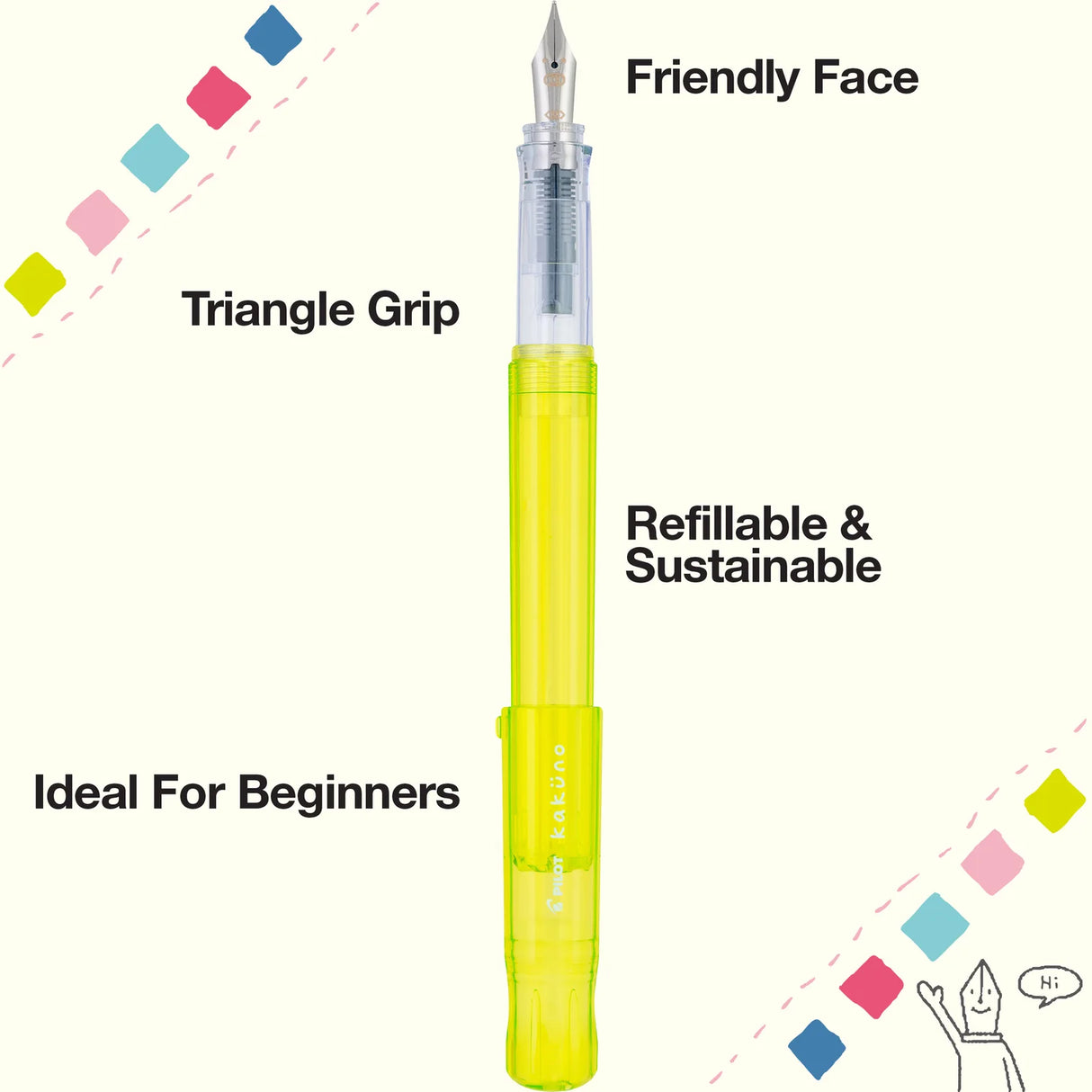 Kakuno is a delightful, new fountain pen that is ideal for both first time fountain pen users and experienced writers. Everyone can enjoy writing with a Kakuno fountain pen. "Kakuno" means "to write" in Japanese, and that's just what this pen helps users to do by featuring an appealing smiley face on the nib, when oriented upward, ensures perfect nib orientation. The NEW Kakuno Clear body features the Extra Fine, Fine and Medium Nib (with a tongue sticking out). Indentations in the cap make it easy to grasp